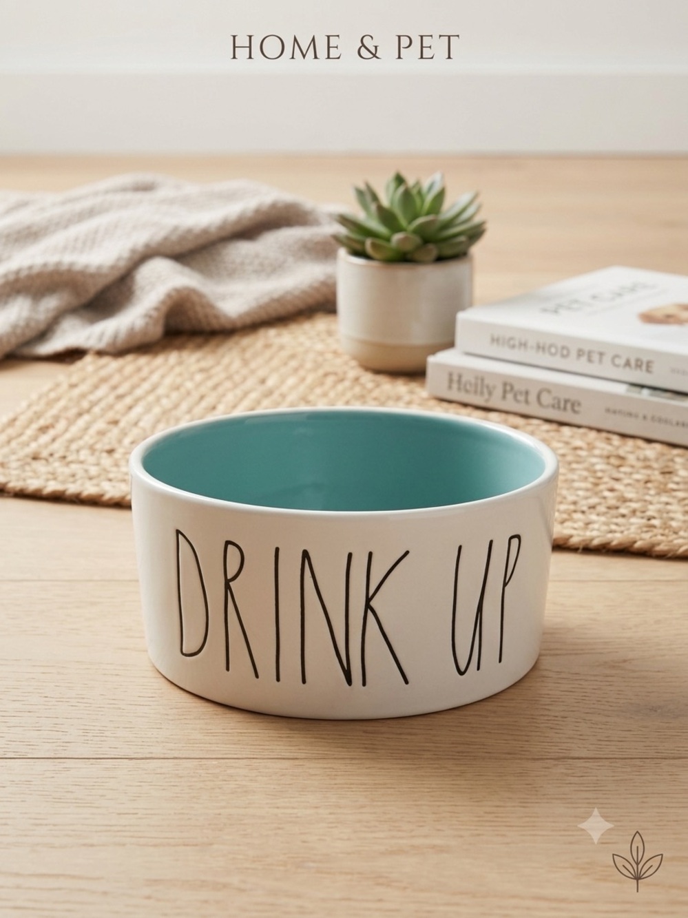 Rae Dunn "DRINK UP" Ceramic Pet Water Bowl – Turquoise Interior